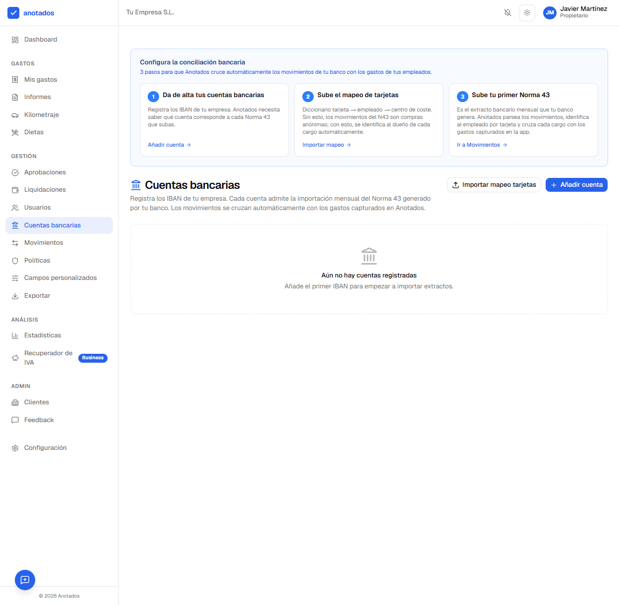 Wizard de configuración 1-2-3 en Cuentas bancarias