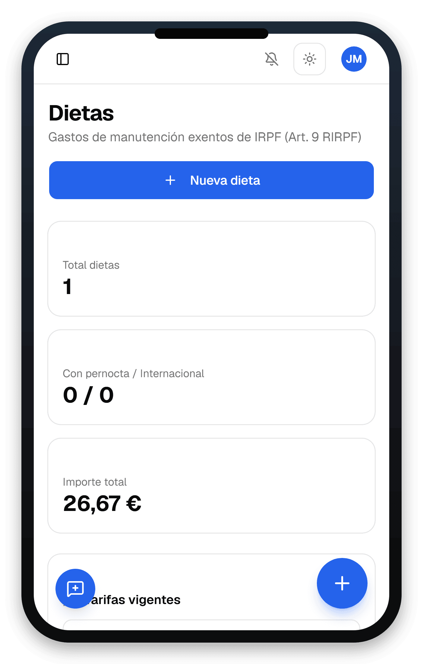 Pantalla Dietas en versión móvil