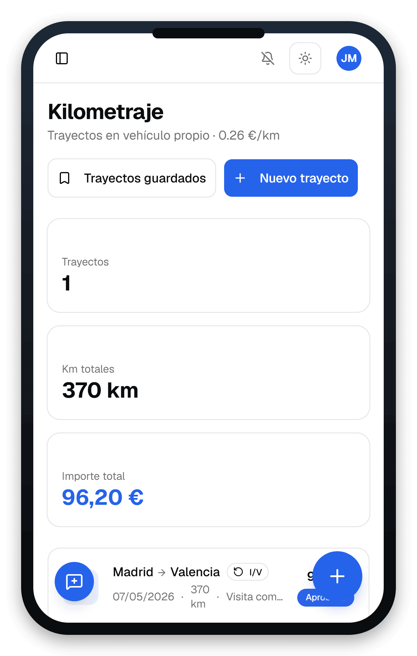 Pantalla Kilometraje en versión móvil