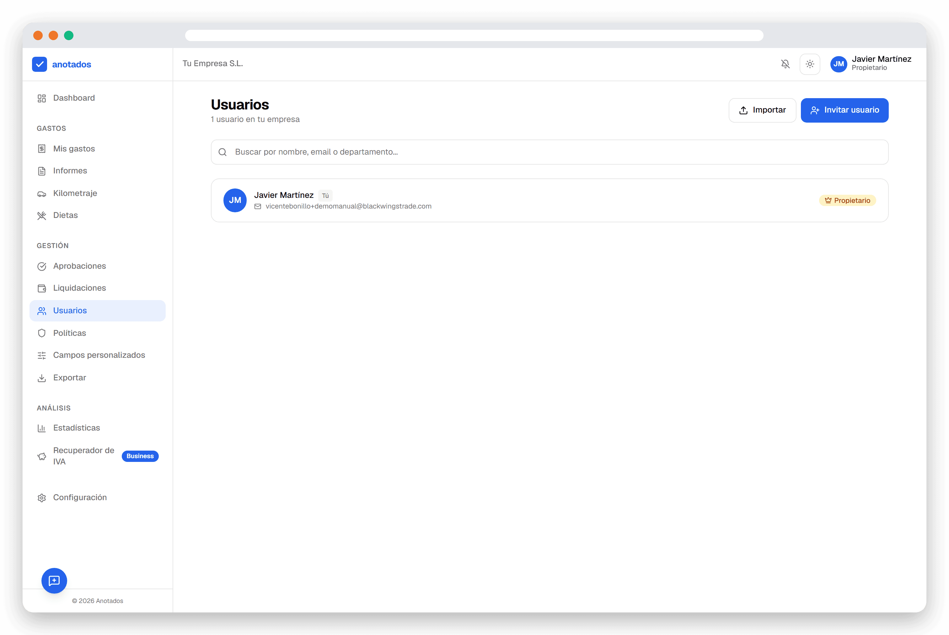 Pantalla Usuarios con lista del tenant