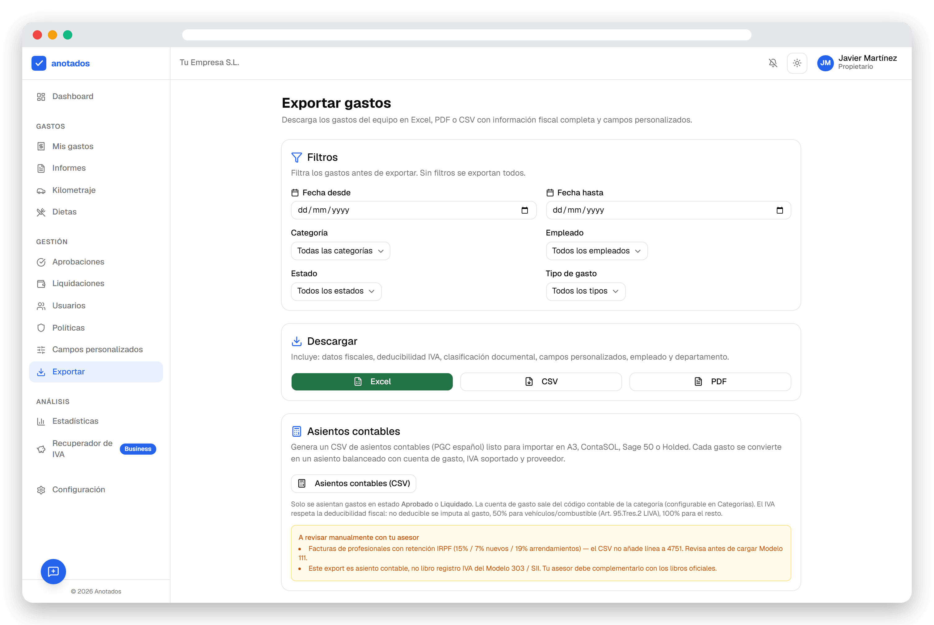 Pantalla de exportación de Anotados con los formatos disponibles: Excel, CSV, PDF y asientos contables