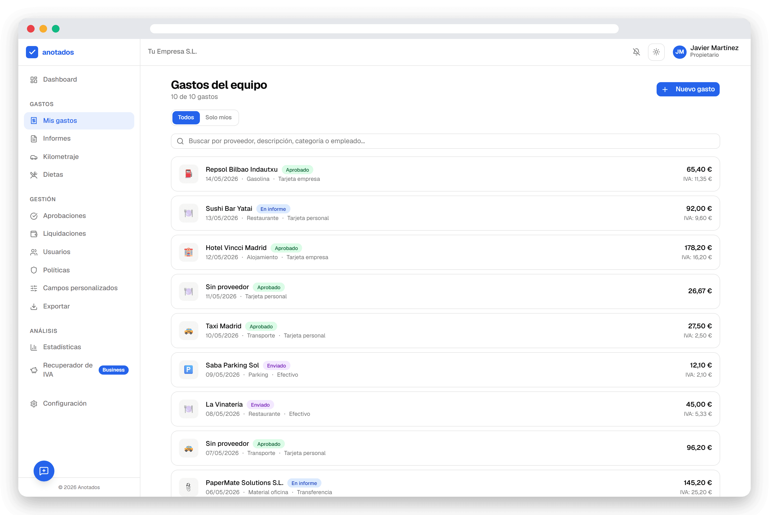 Lista de gastos de Anotados con fecha, proveedor, importe e IVA extraídos automáticamente de cada ticket capturado