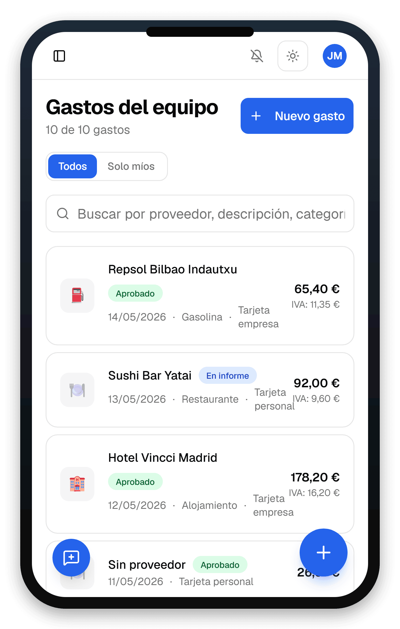 Anotados en el móvil: la lista de gastos capturados con foto, importe e IVA de cada ticket