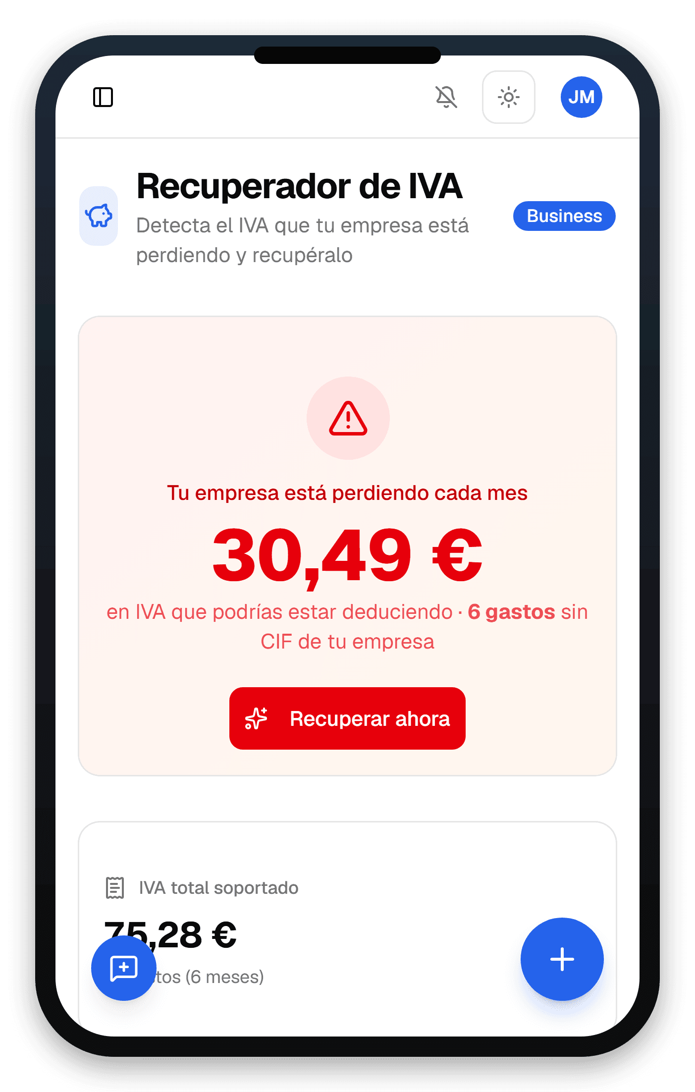Anotados en móvil: panel Recuperador de IVA con el IVA perdido y recuperable del mes